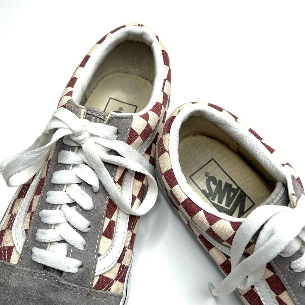 NEW VANS Old Skool Checkerboard Sneakers Burgundy Gray Suede Size 6.5